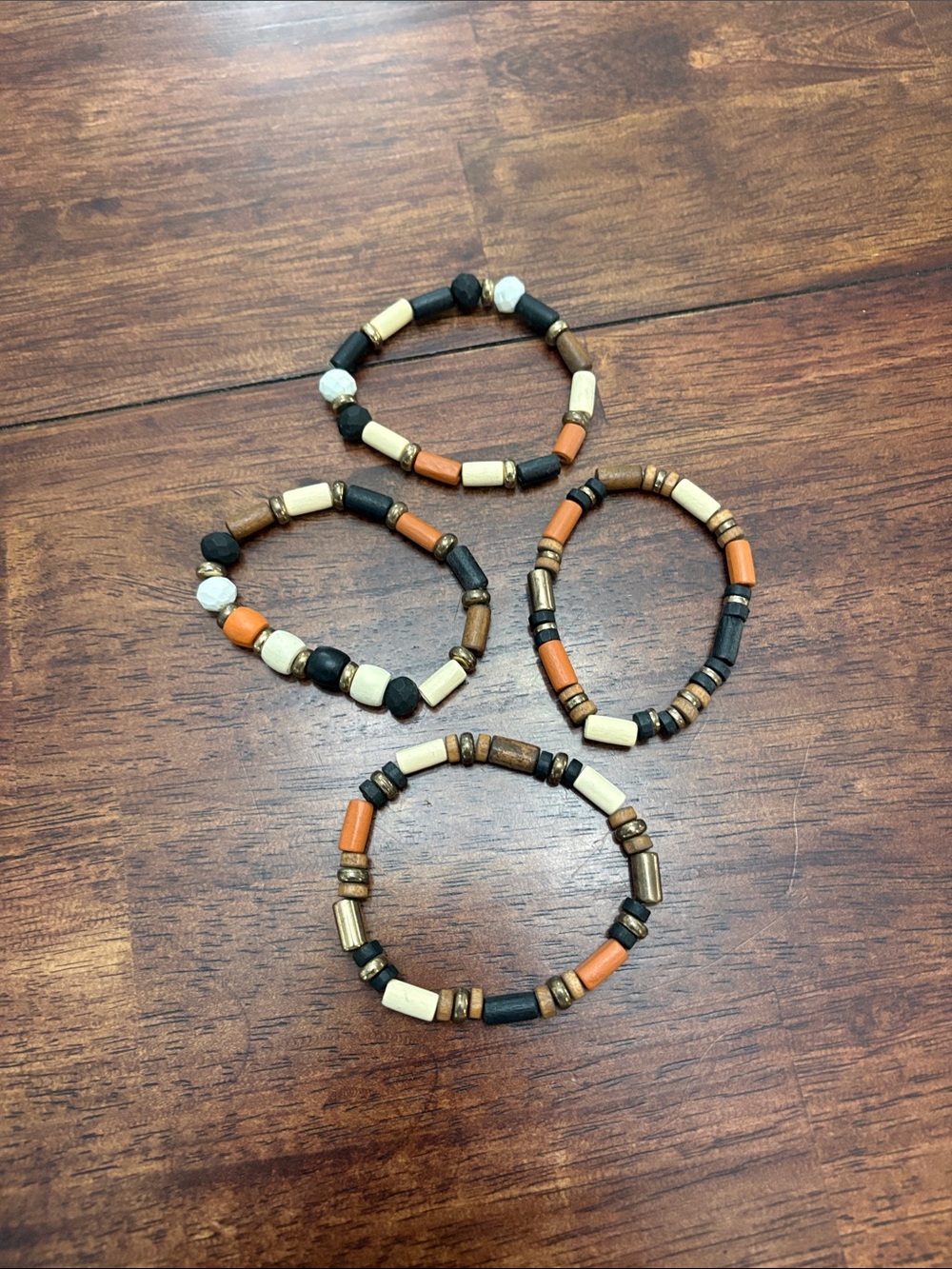 Boho Multi-Bead Stretch Bracelet Set in Black, Brown, Cream & Orange